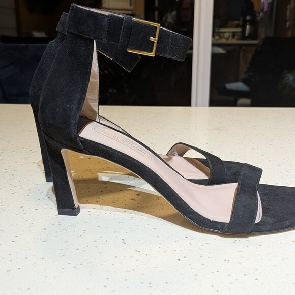 Stuart Weitzman Squarenudist Black Suede Heel Sandal With Ankle Strap Size 7 - Picture 7 of 14